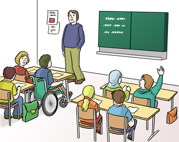 Zeichnung Schüler in einem Klassenraum vor Kindern darunter ein Schüler mit Rollstuhl