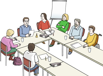 Meeting mit 7 Personen auf einem u-förmig Tisch
