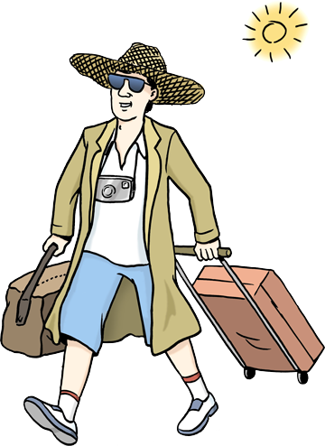 Mann mit Sonnenhut und Reisetaschen – Symbolbild für Urlaub
