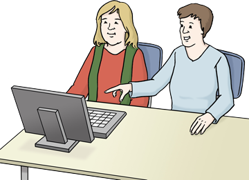 Zeichnung Frau erklärt einer anderen Frau etwas am Computer